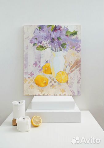 Картина натюрморт сирень лимоны цветы