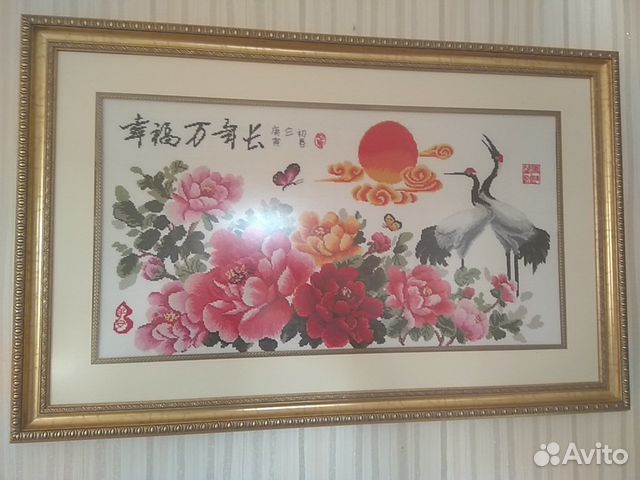 Вышивка пионы и журавли
