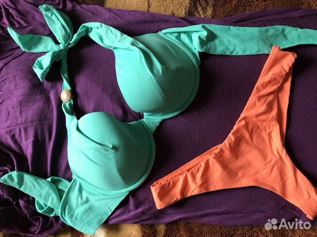 Голубой купальник- лиф+ голубые и оранжевые плавки Голубой купальник- лиф+ голубые и оранжевые плавки