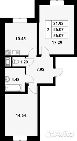 2-к квартира, 56.1 м², 1/12 эт.