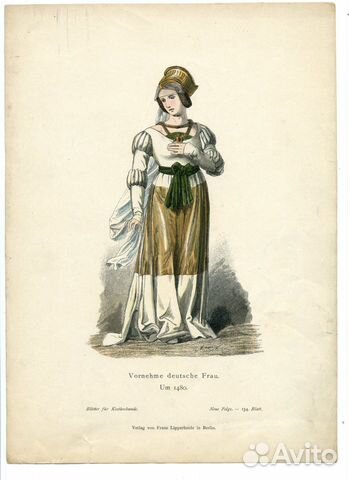 Старинная гравюра 1880 г. дама костюм антиквариат