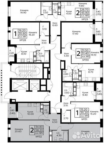 2-к квартира, 58.2 м², 13/17 эт.