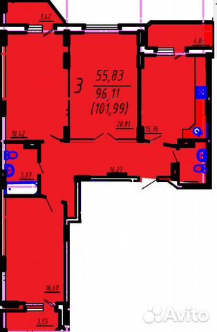 3-к квартира, 100.5 м², 6/16 эт.