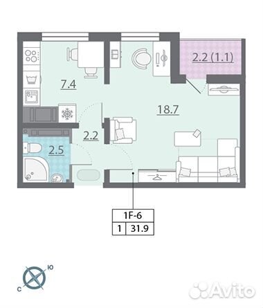 1-к квартира, 32 м², 15/25 эт.