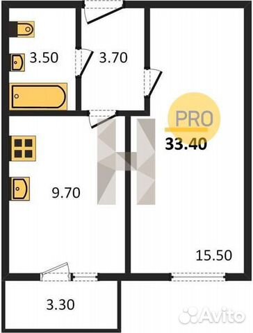 1-к квартира, 33.4 м², 2/5 эт.