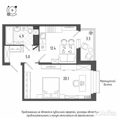 1-к квартира, 44.1 м², 6/8 эт.