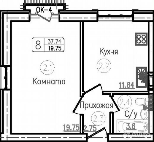 1-к квартира, 37.7 м², 2/5 эт.
