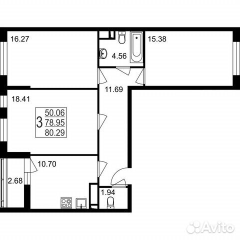 3-к квартира, 80.3 м², 1/8 эт.