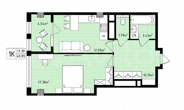 1-к. квартира, 48,9 м², 9/16 эт.