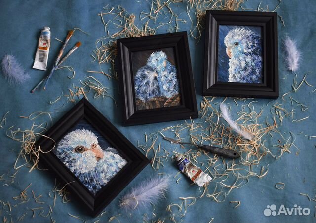 Картина маслом на холсте с птицами попугаем