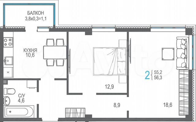 2-к. квартира, 56,3 м², 3/9 эт.