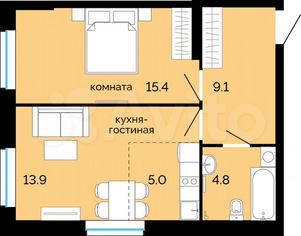 2-к. квартира, 47,4 м², 11/25 эт.