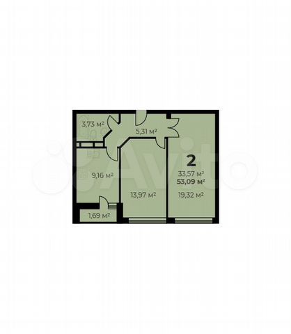 2-к. квартира, 53,1 м², 7/16 эт.