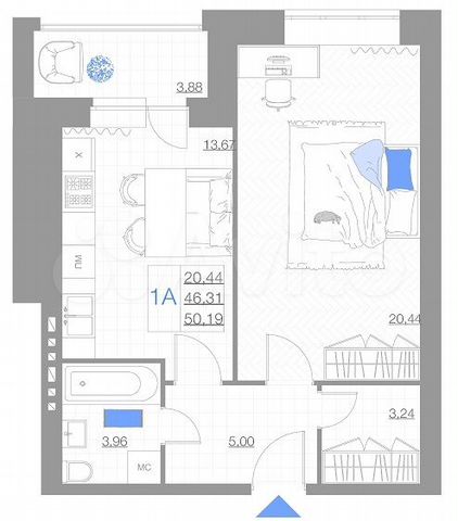 1-к. квартира, 50,2 м², 1/6 эт.