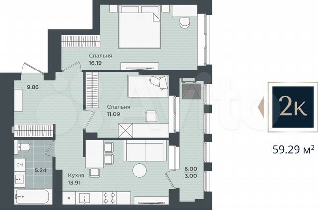 2-к. квартира, 59,3 м², 16/24 эт.