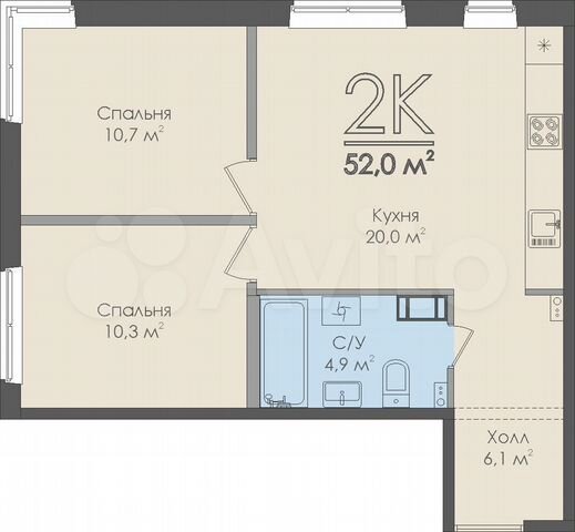 2-к. квартира, 52 м², 6/9 эт.