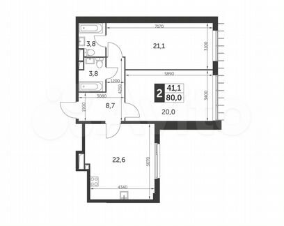 2-к квартира, 80 м², 13/26 эт.
