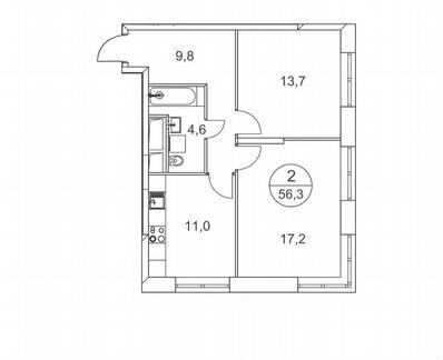 2-к квартира, 60 м², 3/25 эт.