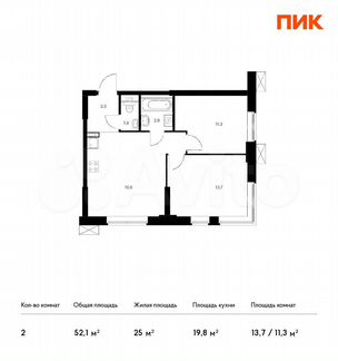 2-к апартаменты, 52.1 м², 3/28 эт.