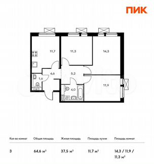 3-к квартира, 64.6 м², 3/25 эт.