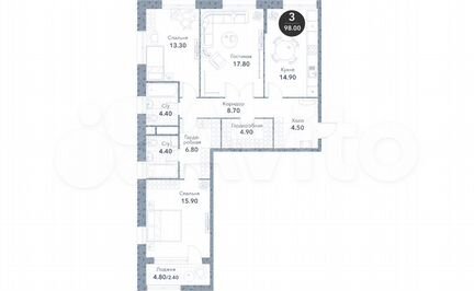 3-к квартира, 98 м², 13/19 эт.