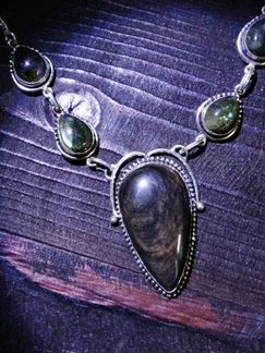 Обсидиан и Дендроопал (перстень и ожерелье)