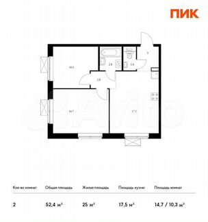 2-к квартира, 52.4 м², 15/19 эт.