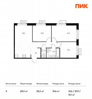 3-к квартира, 69.3 м², 4/9 эт.